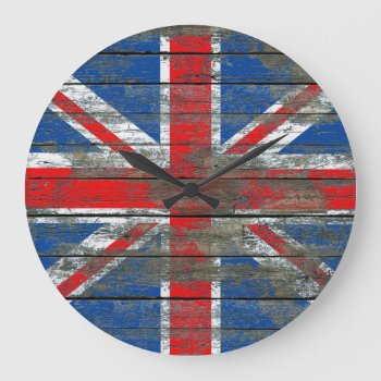 Union Jack On Rough Wood Boards Effect Large Clock by UniqueFlags at Zazzle