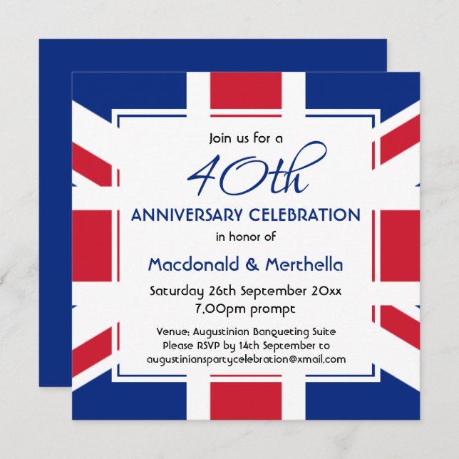 UNION JACK UK FLAG Custom BLUE Celebration Invitation (Front/Back)