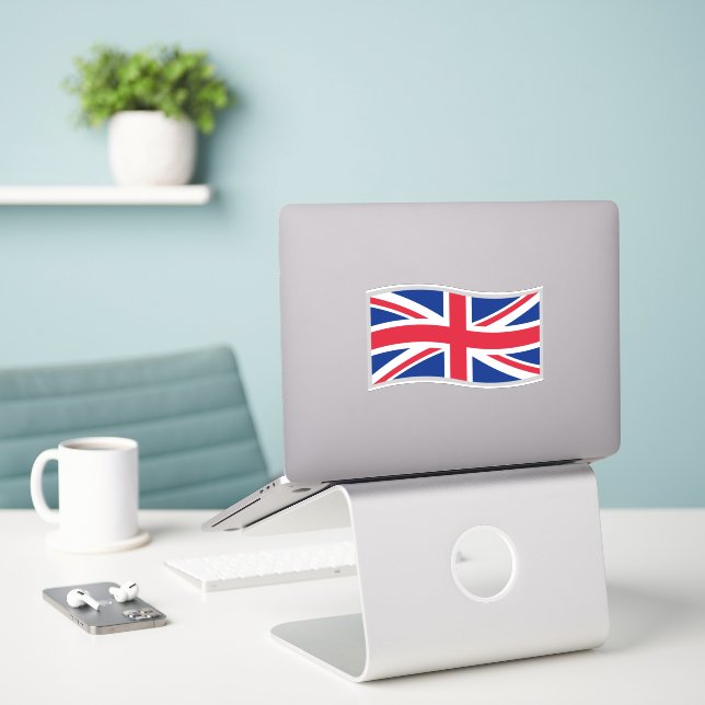 Union Jack waving Sticker (Laptop On Desk)