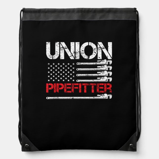 Union Pipefitter Union Strong USA American Flag St Drawstring Bag (Front)