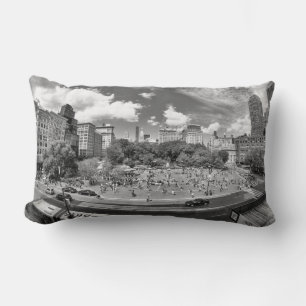 Union Square NYC From Above, B&W, Fish Eye View Lumbar Pillow
