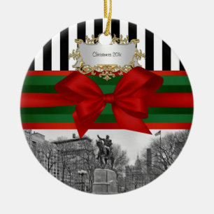 Union Square Park Winter NYC Blk Wht Strp Xmas #2R Ceramic Ornament