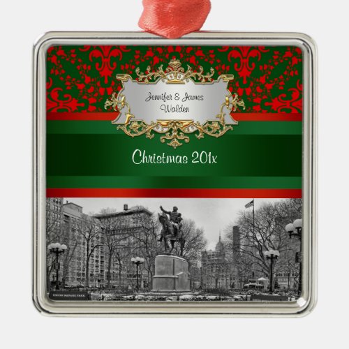 Union Square Park Winter NYC Red Green Damask Xmas Metal Ornament