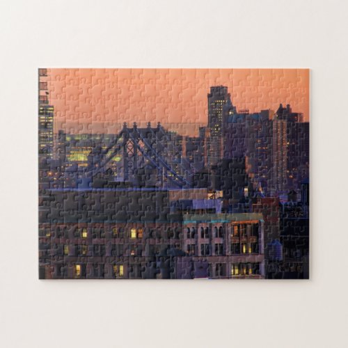 Union Square view of Manhattan Bridge Pink Sky Jigsaw Puzzle