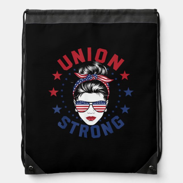 Union Strong Labor Day Messy Bun USA Flag Drawstring Bag (Front)