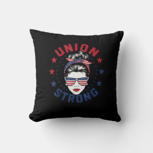 Union Strong Labor Day Messy Bun USA Flag Throw Pillow