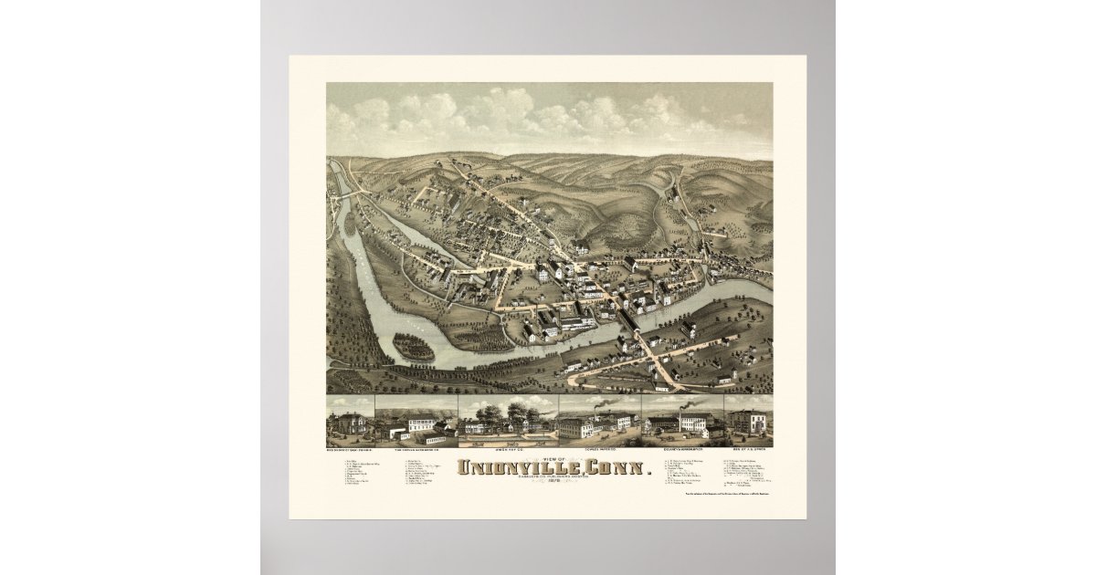 Unionville, CT Panoramic Map 1878 Poster Zazzle