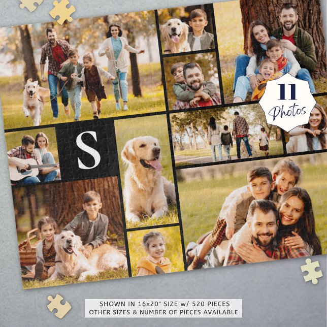 Unique 11 Photo Collage Simple Monogram Black Jigsaw Puzzle (Creator Uploaded)