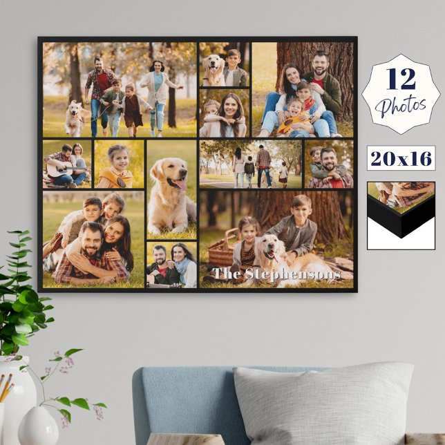 Unique 12 Photo Collage Name Simple Faux Canvas Print (Creator Uploaded)
