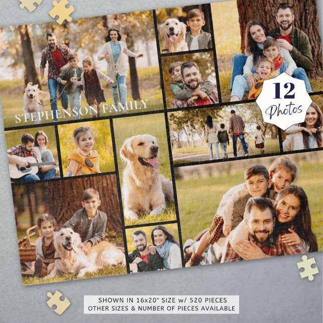 Unique 12 Photo Collage Simple Family Name Jigsaw Puzzle (Creator Uploaded)