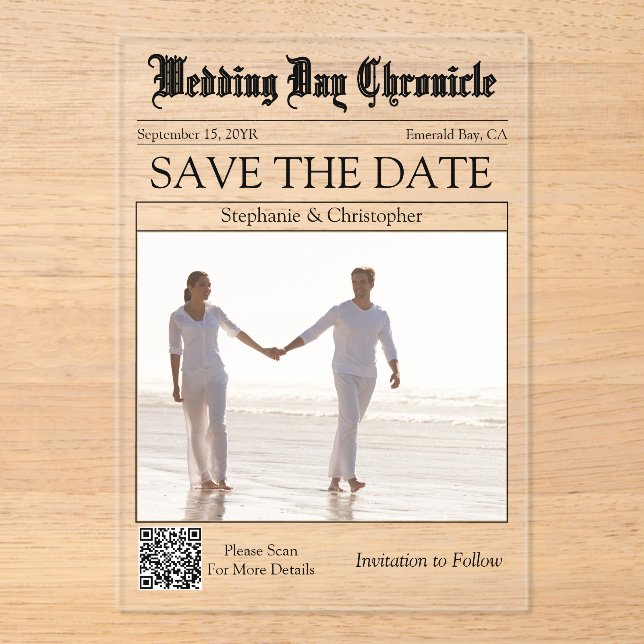 Unique 1 Photo QR Code Newspaper Save the Date (Front)