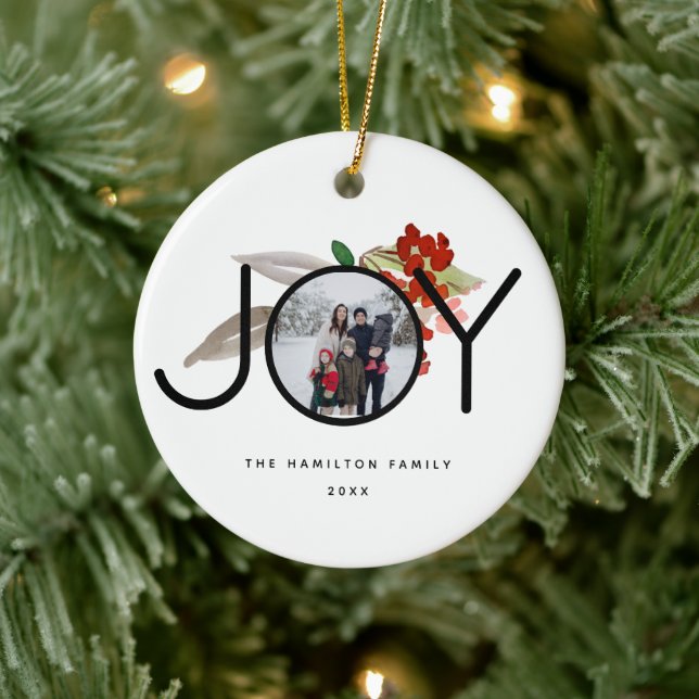 Unique 2 Photo Joy Merry Christmas Ceramic Ornament (Tree)