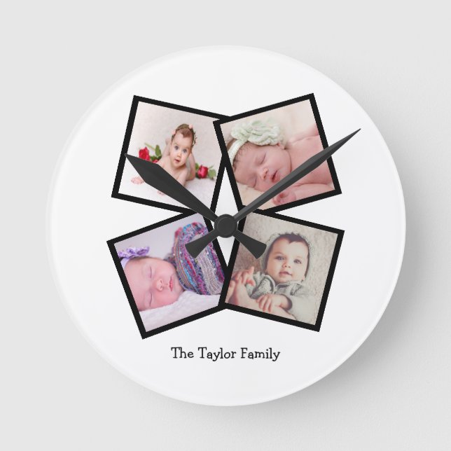 Unique 4 Photo Collage Personalized Round Clock (Front)