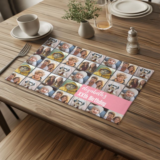 Unique 6 Photo Collage - Happy Birthday Pink Cloth Placemat (Custom Cloth Place met with Photo Collage)