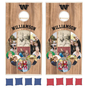 Unique 9 Family Photo Collage with Family Name Cornhole Set