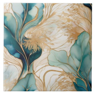 Unique Abstract Alcohol Ink With Golden Boundaries Ceramic Tile