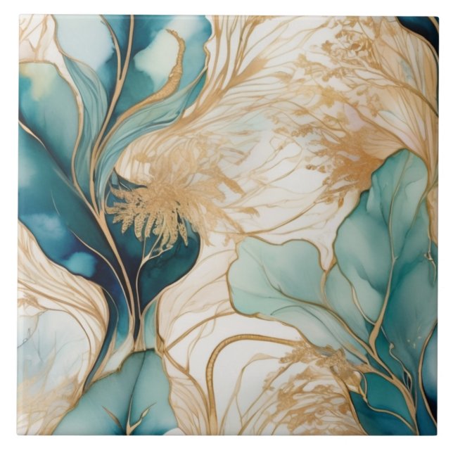 Unique Abstract Alcohol Ink With Golden Boundaries Ceramic Tile (Front)