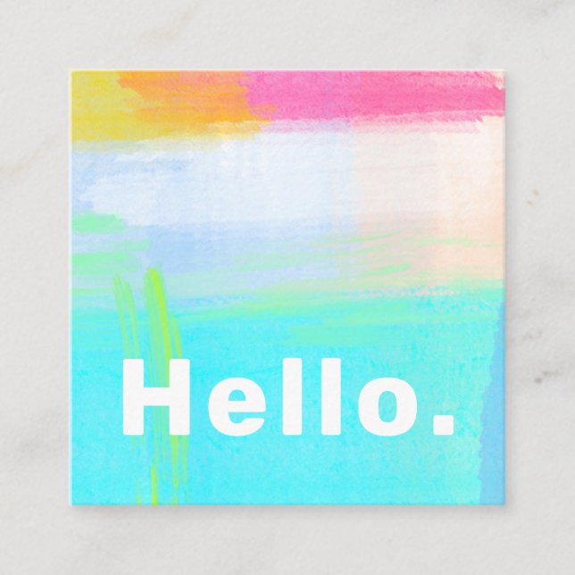 Unique Abstract Art Aqua Pink Yellow Hello Square Business Card (Front)