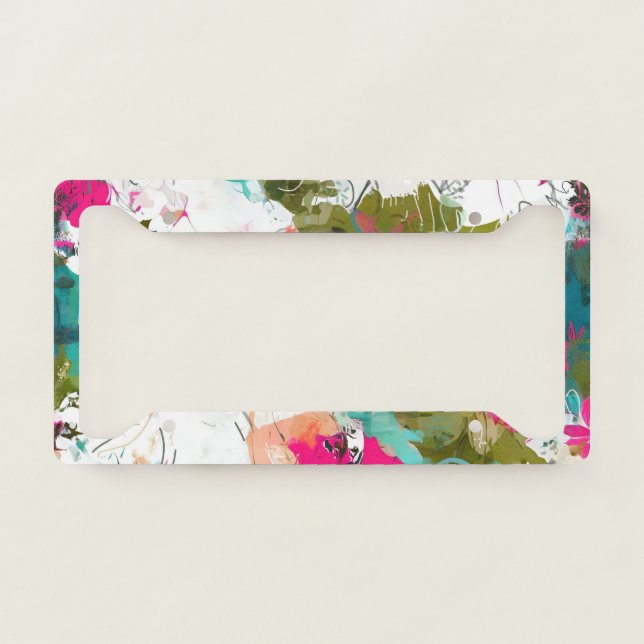 Unique abstract art pink and aqua license plate frame (Front)