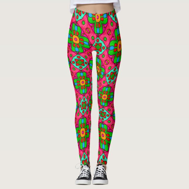 Unique Abstract Flowers Pattern Leggings (Front)