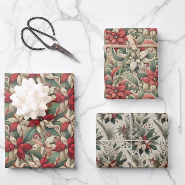 Unique Abstract Holiday Poinsettia Wraps Decoupage Wrapping Paper Sheets (Front)
