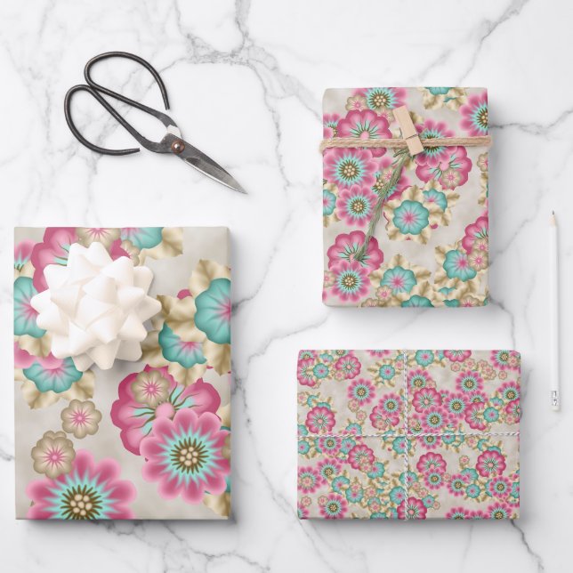Unique Abstract Japanese Flowers Art Pattern Wrapping Paper Sheets (Front)