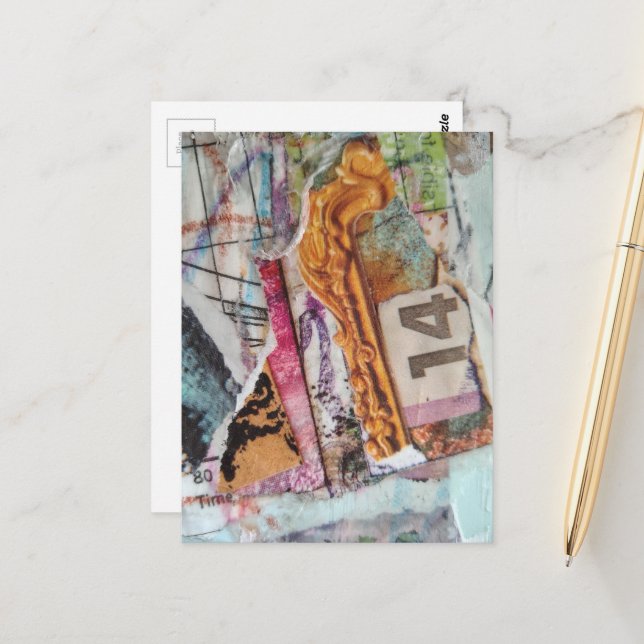  unique abstract mixed media collage Time 14 Postcard (Front/Back In Situ)
