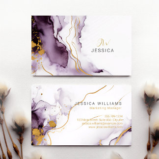 Unique Abstract Purple & Gold Watercolor Marble Business Card