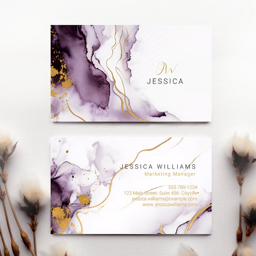 Unique Abstract Purple  Gold Watercolor Marble  Business Card