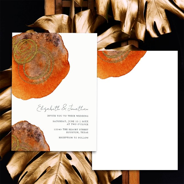 Unique Abstract Watercolor Burnt Orange Wedding Invitation (Front/Back)