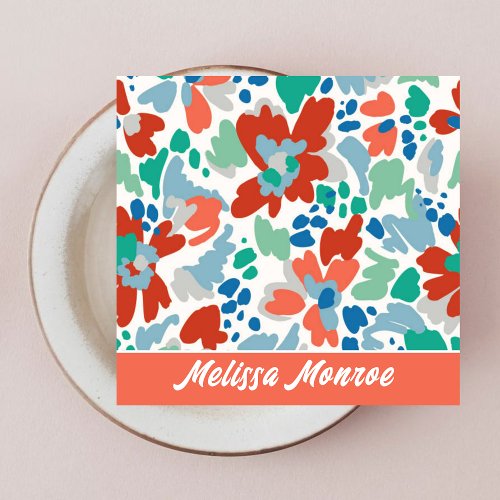 Unique Abstract Watercolor Flowers Typography Square Business Card
