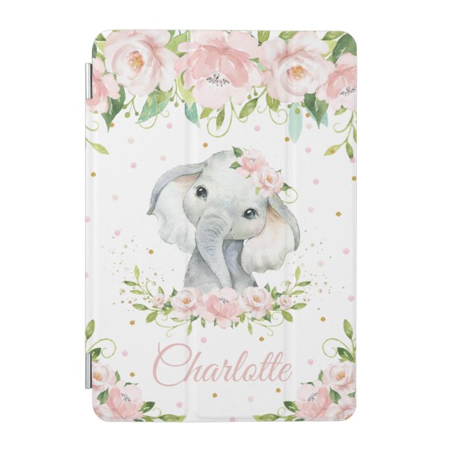 Unique Adorable Elephant Pastel Blush Pink Floral iPad Mini Cover (Front)