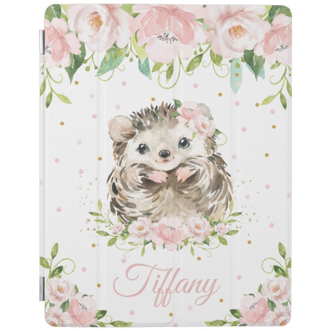 Unique Adorable Hedgehog Pastel Blush Pink Floral iPad Smart Cover (Front)