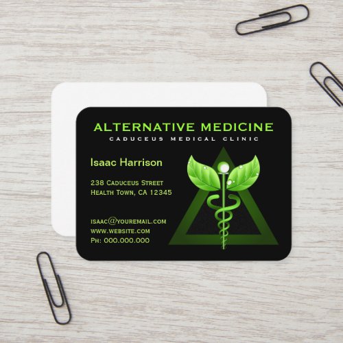 Unique Alternative Medicine Green Caduceus Black Business Card