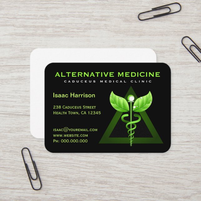 Unique Alternative Medicine Green Caduceus Black Business Card (Front/Back In Situ)