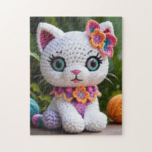 Unique Amigurumi Kitty: Adorable White Cat Crochet Jigsaw Puzzle