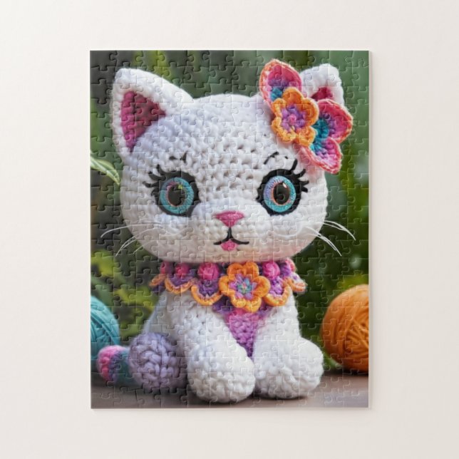Unique Amigurumi Kitty: Adorable White Cat Crochet Jigsaw Puzzle (Vertical)