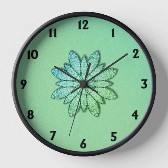 Unique and Pretty Green Flower w/ Black Numbers Clock (Front)