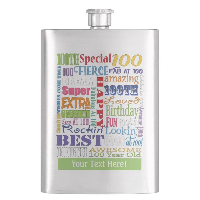 Unique And Special 100th Birthday Party Gifts Flask (Front)