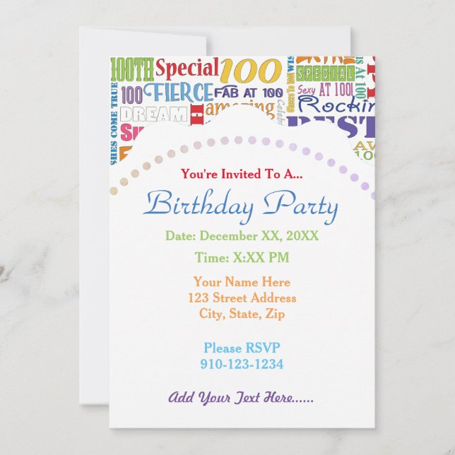 Unique And Special 100th Birthday Party Gifts Invitation (Front)