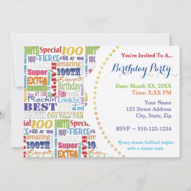 Unique And Special 100th Birthday Party Gifts Invitation (Front)