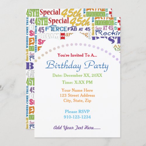 Unique And Special 45th Birthday Party Gifts Invitation