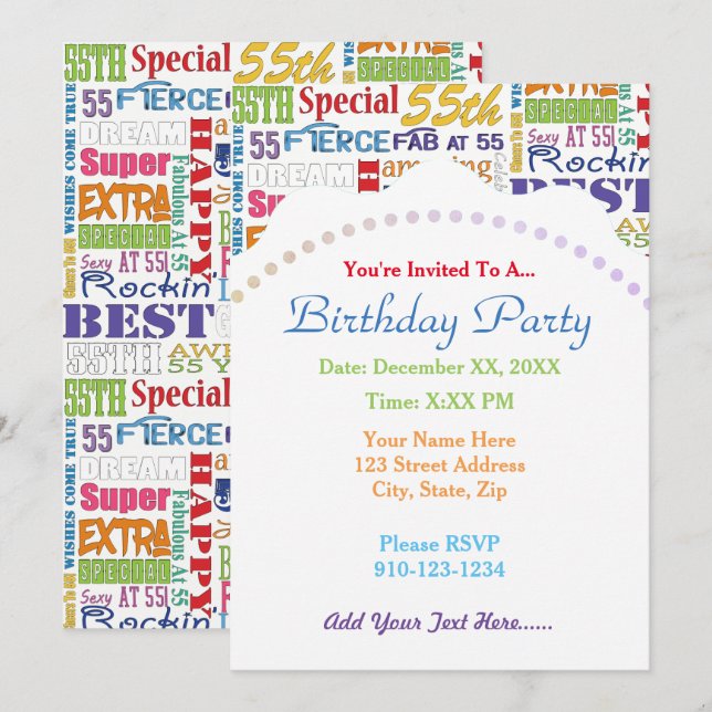 Unique And Special 55th Birthday Party Gifts Invitation (Front/Back)