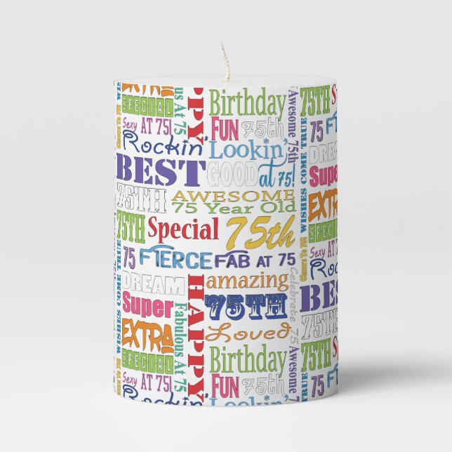 Unique And Special 75th Birthday Party Gifts Pillar Candle (Front)