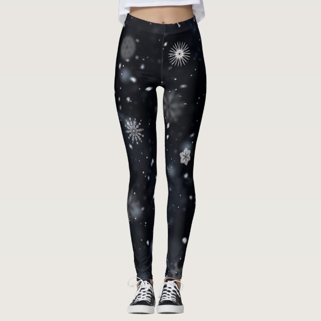 Unique and Wintry Snowflakes on Black Leggings (Front)