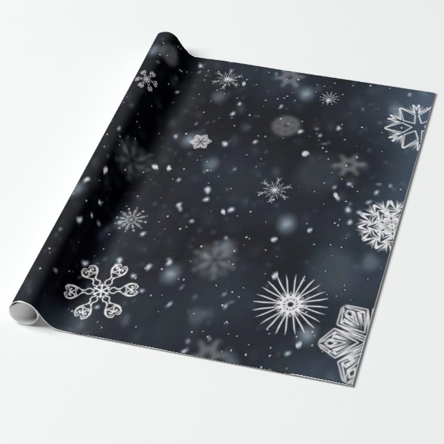 Unique and Wintry Snowflakes on Black Wrapping Paper (Unrolled)