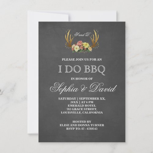 Unique Antlers Floral Chalk I DO BBQ Invitation