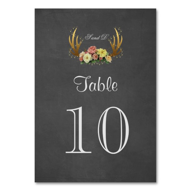 Unique Antlers Floral Chalk Wedding Table Number (Front)