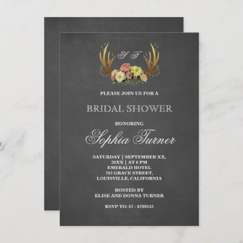 Unique Antlers Floral Chalkboard Bridal Shower Invitation