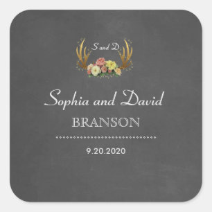 Unique Antlers Floral Chalkboard Wedding Monogram Square Sticker